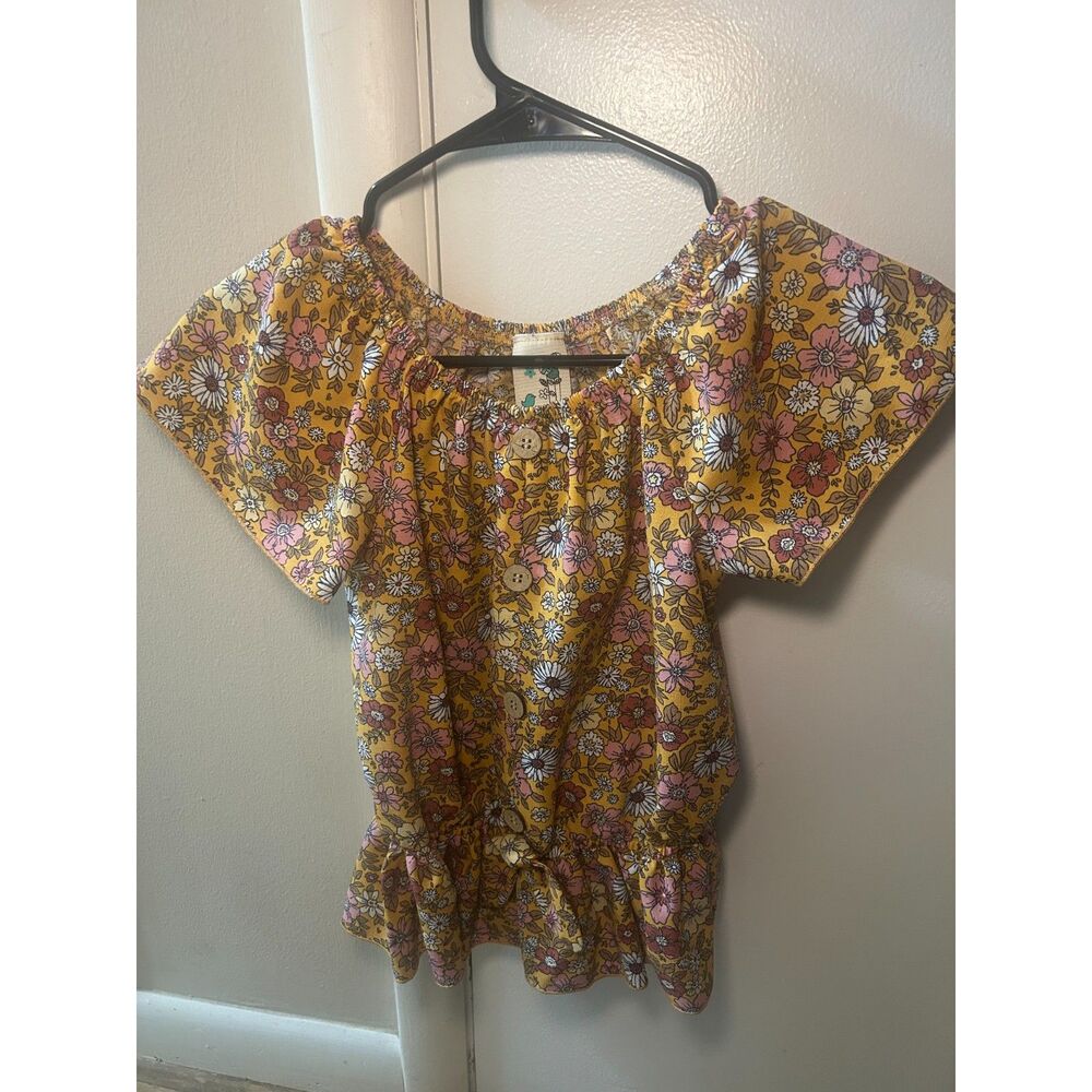 Lily Bleu Girls Size 14 Mustard Yellow Floral Peasant Top Boho Cottagecore